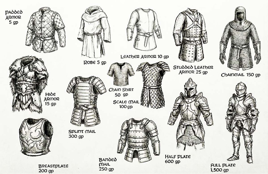 Types of armor and cost: Padded Armor, Hide Armor, Breastplate, Banded Mail, Splint Mail, Robe, and more.